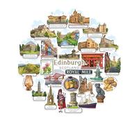 Navy Peony Enchanted Edinburgh Travel Stickers (28pcs) - Hand-Illustrated, Gouache, Scottish City-Themed Stickers for Scrapbooks, Journals, Laptop