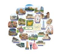 Navy Peony Energetic Seoul Travel Stickers (28pcs)-Gouache, Spring, South Korea, Korean City-Themed Vacation Stickers for Scrapbooks, Journals