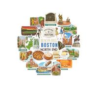 Navy Peony Historic Boston Statement Stickers - Hand-Illustrated Gouache, Glossy, Waterproof - for Suitcases, Laptops, Water Bottles (28-Piece Set)