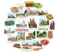 Navy Peony Historic Lithuania Travel Stickers (28pcs) - Hand Illustrated, Vilnius, Baltic-Themed Decals for Journals, Scrapbooks, Luggage