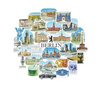 Navy Peony Iconic Berlin Travel Stickers (28pcs)-Gouache Style, Germany, German City-Themed Vacation Stickers for Scrapbooks, Journals, Laptop