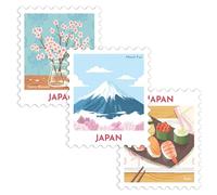 Navy Peony Japan Magnet Set - Hand-Illustrated Postage Stamp-Style Fridge Magnets, 5 x 6 cm, Set of 3