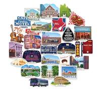 Navy Peony Lively Nashville Travel Stickers (28pcs) - Hand-Illustrated, Gouache Style, America City-Themed Stickers for Scrapbooks, Journals, Laptop