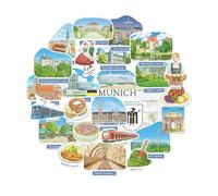 Navy Peony Majestic Munich Travel Stickers - Hand-Illustrated Gouache, Matte, die-Cut - for journals, scrapbooks & Postcards (28-piece Set)
