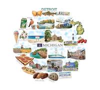 Navy Peony Mighty Michigan Travel Stickers - Hand-Painted Watercolour, Matte, Die Cut - for Journals, Scrapbooks (28-Piece Set)