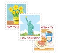 Navy Peony Nostalgic New York City Magnet Set - Hand-Illustrated Postage-Stamp Fridge Magnets - 5 x 6 cm, 3 Pieces