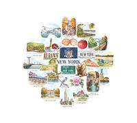 Navy Peony Nostalgic New York State Statement Stickers - Hand-Illustrated Watercolour, Glossy, Waterproof - for Suitcases, Laptops, Water Bottles (28-Piece Set)