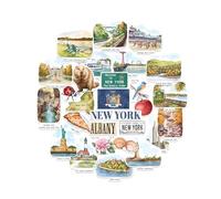 Navy Peony Nostalgic New York State Travel Stickers - Hand-Painted Gouache, Matte, Die Cut - for Journals, Scrapbooks (28-Piece Set)
