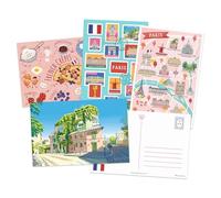 Navy Peony Paris Travel Postcards (4x6 Inches, 12pcs, 4 Designs) - Paris Map, Postal Stamp-Themed, Artist-Illustrated Postcard for Postcrossing