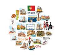 Navy Peony Picturesque Portugal Statement Stickers - Hand-Painted Watercolour, Glossy, Waterproof - for Suitcases, Laptops, Water Bottles (31-Piece Set)