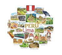 Navy Peony Sacred Peru Travel Stickers (28pcs) - Watercolor, Machu Pichu, Lima, Peruvian-Themed Decals for Journals, Scrapbooks, Luggage