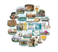 Navy Peony Seafaring Seattle Travel Stickers (28pcs) - Hand-Illustrated, Gouache Style, America-Themed Stickers for Scrapbooks, Journals, Laptop