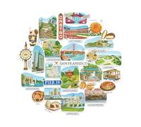 Navy Peony Serene San Francisco Travel Stickers - Hand-Painted Gouache, Matte, Die Cut - for Journals, Scrapbooks (28-Piece Set)