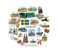 Navy Peony Stylish Sweden Travel Stickers (28pcs) - Watercolor, Scandinavia, Swedish-Themed Vacation Decals for Journals, Scrapbooks, Luggage, Tumbler