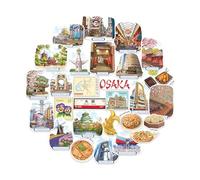 Navy Peony Timeless Osaka Travel Stickers (28pcs) - Hand-Illustrated, Japan Kansai Region-Themed Vacation Decals for Journals, Scrapbooks, Luggage