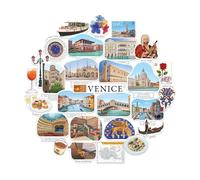 Navy Peony Velvety Venice Travel Stickers - Hand-Painted Gouache, Matte, Die Cut - for Journals, Scrapbooks (28-Piece Set)