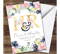 Navy Pink Floral On Your Wedding Day Gold Any Names Date Personalised Card - Personalised Wedding Day Card, Congratulations On Wedding Day Card For Bride & Groom