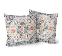 Navy Pink Yellow Vintage Bohemian Pillow Covers 24x24 Inch Blue Cream Boho Flower Rug Oriental Carpet Pillow Cases Set of 2 Antique Tapestry Rustic Retro Throw Pillows For Cushion Sofa Couch Outdoor