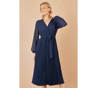 Navy Pleated Wrap Midi Dress With Sheer Long Sleeves Yumi Navy 14