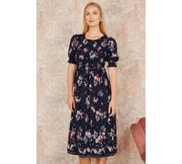 Navy Recycled Floral Ruched Midi Dress With Puff Sleeves Yumi Navy 12
