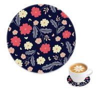 Navy Red Floral Cork Base Round Drink Coaster 1 Pack, Soft Petal Flowers Leaves Round Coasters for Drinks, Kitchen Ceramics Cup Mat for All Types Of Cups, Gift Mate Granny, 4 Inch