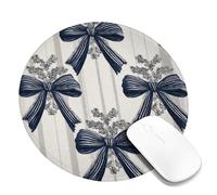 Navy Ribbons Floral Mouse Pad, Elegant Bow Design Stitched Edge Mousepad, Rubber Non-Slip Washable Gaming Mouse Pad for Holiday Home and Office, Classic Style Round 8x8 Inch
