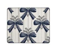 Navy Ribbons Floral Mouse Pad, Elegant Bow Design Stitched Edge Mousepad, Rubber Non-Slip Washable Gaming Mouse Pad for Holiday Home and Office, Classic Style Square 8x10 Inch