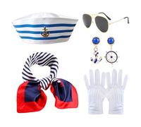 Navy Sailor Costume - Marine Earrings Gloves Scarf Hat | Sailors Men Women Outfit | 5x Sailor Cosplay Costume | Dress Scene Clothes For Mardi