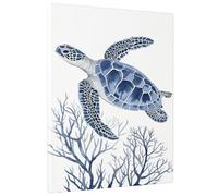 Navy Sea Turtle Canvas Wall Art, Blue Coral Illustration Prints, Ocean Themed Decor for Living Room, Bedroom, Office, Unframed 16x20 Inch