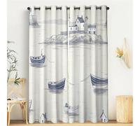 Navy Seagull Fishing Boat Window Curtains Print Drapes,Coastal Illustrations Treatments,Thermal Insulated Eyelet Blackout Sound Proof Wall Decorations 2 Panel Set Living Room Bedroom,W 66" X L 90"