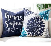 Navy Sofa Cushions Cover, 2 Pack 40x40 Cushion Cover, Boho Geometric Dahlia Floral Decorative Pillow Case with Home Sweet Letters, Soft Velvet Feel Short Plush Pillowcase for Furniture Home Decor