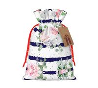 Navy Striped Bouquets Christmas Canvas Gift Bag With Drawstring,Reusable Personalizedgift Bag