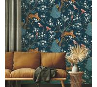 Navy Teal Tropical Wallpaper Tiger Birds Peacock Trees Floral Exotic Jungle
