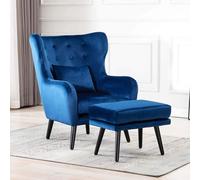 More4Homes Winslow Wing Back Occasional Bedroom Living Room Button Back Velvet Fabric Accent Chair Armchair (blue W Footstool), Blue