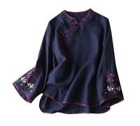 Navy Womens Tops Long Sleeve Embroidery Floral V Neck T Shirts Chinese Ethnic Style Retro Vintage Dressy Blouses Summer Lightweight Linen Tops Bohemian Tees Going Out Loungewear Plus Size L