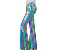 Nawgut Sequin Flare Pants Sparkly Glitter High Waisted Bell Bottoms Leggings Party Disco Clubwear for Women, Rainbow Stripes, Large