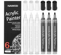 NAWOD White and Black Acrylic Paint Pens, 6 Permanent Paint Markers, for Rock Painting, Wood, Stone, Glass, Ceramic, Paper, Drawing, Art Projects, DIY Crafts, Water-Based ink, 2-3mm Medium Tip
