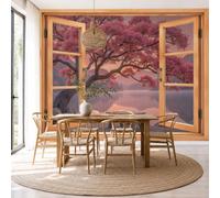 NAWVNMI 200 x 140cm Wallpaper Mural Cherry Blossoms By The Lake Window View Optical Illusion Design Mural for Bedroom Bathroom Living Room Wall Decoration Poster Picnic Table