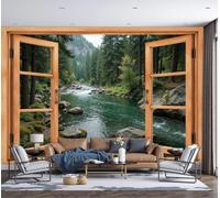 NAWVNMI 200 x 140cm - Wallpaper Mural Mountains Streams Photo Wallpaper Window View Optical Illusion Design Wall Mural Art Print Wall Decoration Poster - Immersive Forest Experience