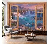NAWVNMI 350 x 256cm Wallpaper Mural Highland Waterfalls Window View Optical Illusion Design Mural for Bedroom Bathroom Living Room Wall Decoration Poster A Natural Wonderland