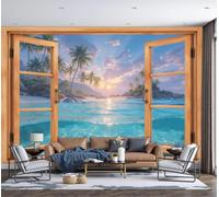 NAWVNMI 350 x 256cm Wallpaper Mural Sunset Tropical Beach Window View Optical Illusion Design Mural for Bedroom Bathroom Living Room Wall Decoration Poster Aquatic Plants