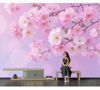 NAWVNMI 3D Wall Mural Cherry Blossom Branches Print Photo Wallpaper, Japanese Graceful Silk Mural Decoration Poster Picture Design Wall Art for Living Room Bedroom Background, Pink ， 450 x 315cm