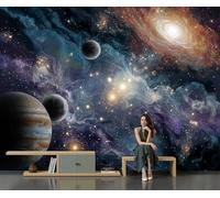 NAWVNMI 3D Wall Mural Surreal Universe Print Photo Wallpaper, Planets Stars Silk Mural Decoration Poster Picture Design Wall Art for Living Room Bedroom Background, Gold Blue ， 200 x 140cm
