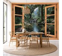 NAWVNMI 400 x 280cm - Wallpaper Mural Forest Stream Photo Wallpaper Window View Optical Illusion Design Wall Mural Art Print Wall Decoration Poster - Landscape Photography