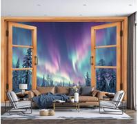 NAWVNMI 450 x 315cm - Wallpaper Mural Aurora Borealis Cedar Forest Photo Wallpaper Window View Optical Illusion Design Wall Mural Art Print Wall Decoration Poster - Landscape Photography