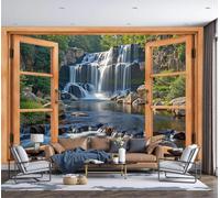 NAWVNMI 450 x 315cm - Wallpaper Mural Canyon Waterfalls Photo Wallpaper Window View Optical Illusion Design Wall Mural Art Print Wall Decoration Poster - Nature Adventure