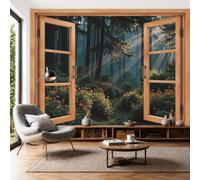 NAWVNMI 450 x 315cm Wallpaper Mural Forest Landscape Window View Optical Illusion Design Mural for Bedroom Bathroom Living Room Wall Decoration Poster Flowers Path