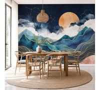 NAWVNMI Abstract Landscape Wall Mural Wallpaper, Mountains Waves Full Moon Panoramic Wallpaper for TV Backdrop, Large Wall Mural for Living Room Bedroom Office Decoration, 350 x 256cm (W x H)