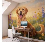 NAWVNMI Animals Flowers Wall Mural Wallpaper, Golden Retrievers Wildflowers, Panoramic Silk Paste-the-Wall, Multi-Panel Wall Art for Living Room or Bedroom, 250 x 175cm