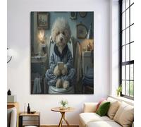 NAWVNMI Bathroom Background Poster Wall Decor Artwork, Bichon Frise Playing On A Mobile Phone Canvas Wall Art for Bathroom Toilet Decor 28x39 Inch Unframed